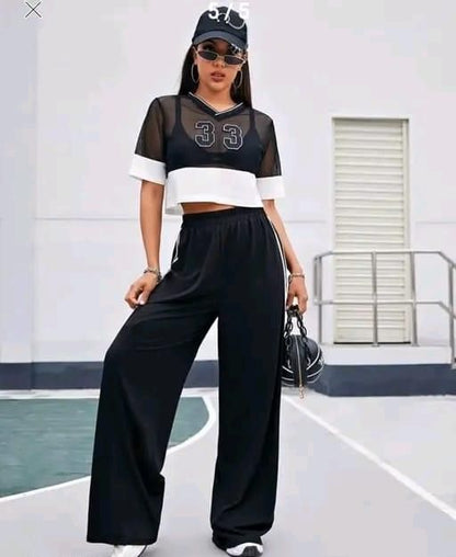 Women's High-Waist Wide-Leg Striped Jogger Pant - Black & White